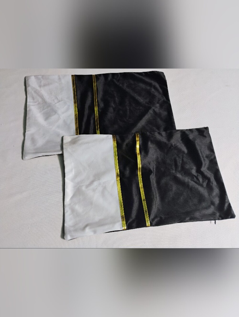 Zlina  Black White W Gold Trim Velvet Decorative Pillow Cases 2-19"x12"